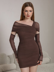 Asymmetrical Shoulder Ruched Mesh Bodycon Dress | Formal Dress